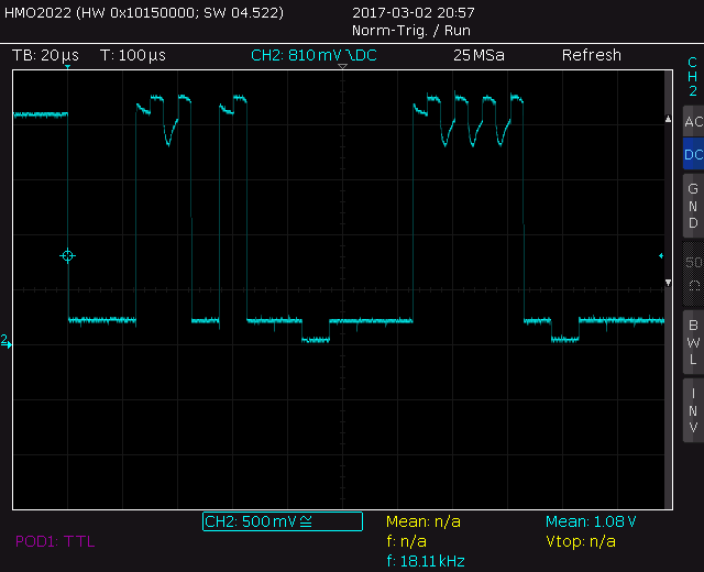 The wrong looking trace of SDA on the 1.8 V side of the level translator